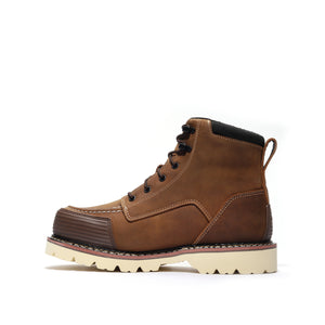 Brown leather boot with a white sole on a white background