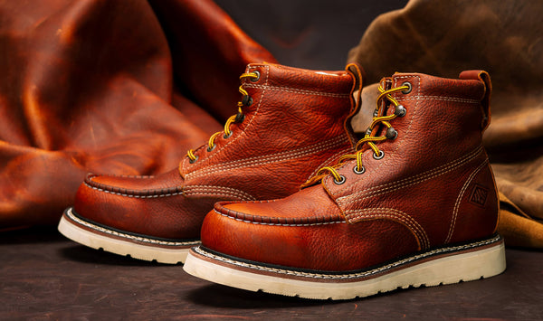 Pair of brown leather boots with white soles on a textured brown background