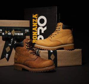 Brown boots with a 'Bonanza Pro' branded box on a black background
